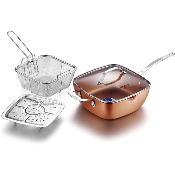 LOVE PAN 9.5 Inch Copper Nonstick Square Deep Fry Pan with Chip Frying Basket... - Picture 1 of 8